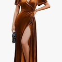Simplee Women's Formal V Neck Wrap Short Sleeve Velvet Maxi Dress Elegant Bell Sleeve Slit Party Long Dresses, Size S