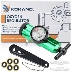 Oxygen Regulator 0-15LPM - Oxygen Tank Regulator with Gauge, CGA-870 Fitting - Includes Wrench Key, 5 Brass Yoke Washer Seals, and 2 Tubing Swivel Connectors - O2 Flow Meter - Green