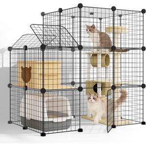 3-Tier DIY Indoor Cat Cage with Skylight, Accommodates Multiple Pets; Foldable Large Cat Cage Enclosure (with Litter Box Area); 43.7-Inch Metal Wire Cat Bed Habitat