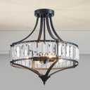 Black Crystal Chandelier Semi Flush Mount Ceiling Light Fixture Round Rustic Farmhouse 4-Light Mid Century Modern Chandelier for Hallway, Bedroom, Foyer, Entryway, Closet