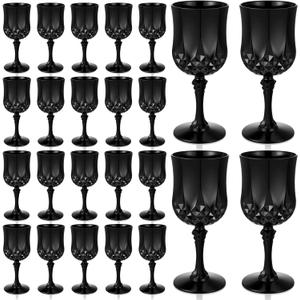 Domensi 20 Pcs Black Plastic Wine Glasses 7 oz Reusable Black Vintage Embossed Goblet Unbreakable Drinking Water Glasses Cup Champagne Flutes for Wedding Bachelor Halloween Party Supplies