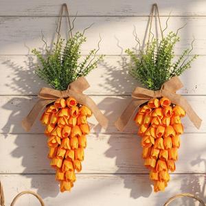 2 Pack Easter Tulip Carrot Wreath Decoration, 24 Inch Spring Artificial Orange Carrot Wreath Decor with Green Branches Spring Flower and Easter Egg for Home Door Wall Mantel Window Decor