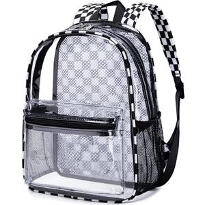 Clear Mini Backpack for Stadium Events 12x12x6 Small Transparent Backpacks Plastic See Through Clear Bag for Concerts Work Festival Security Travel (Black White -Plaid)