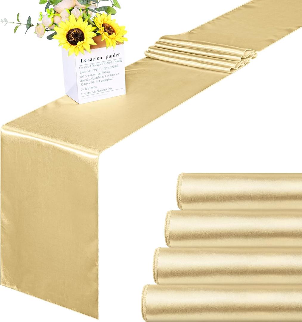 Aneco 4 Pack Satin Table Runner 12 x 108Inch Long Bright Silk and Smooth Fabric Party Table Runner for Wedding Banquet Party Decoration-Champagne