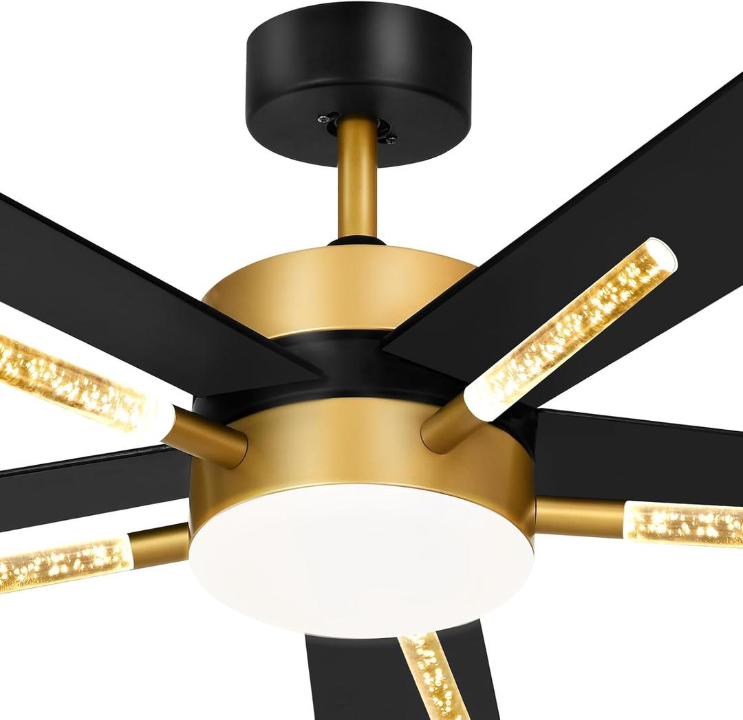 YITAHOME 60 Inch Ceiling Fan with Light and Remote, 5 Blade Crystal Rod Design Modern Chandelier with Reversible Quiet Motor, 3 LED Colors, Black&Gold