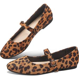 Obtaom Mary Jane Flat Shoes Round Toe Ballet Flats for Women Dressy Fabric Business Flats Comfortable Classic Strap Flats for Office(Leopard,US6)