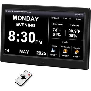 Digtial Calendar Clock with Day and Date Alarm Clock with Weather Temperature Humidify Dementia Alzheimers Elderly Auto Dimmable 8 Alarm Options (New 10.1 inch Black)