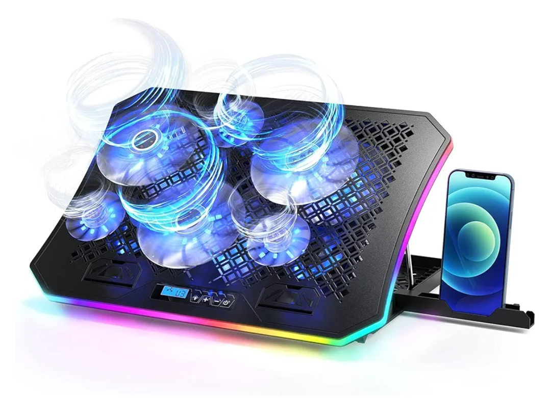 KeiBn Upgarde Laptop Cooling Pad, RGB Lights Laptop Cooler 6 Fans for 15.6-17.3 Inch Laptops, 7 Height Stands, 10 Modes Light, 2 USB Ports, Desk or Lap Use (A8, Blue)
