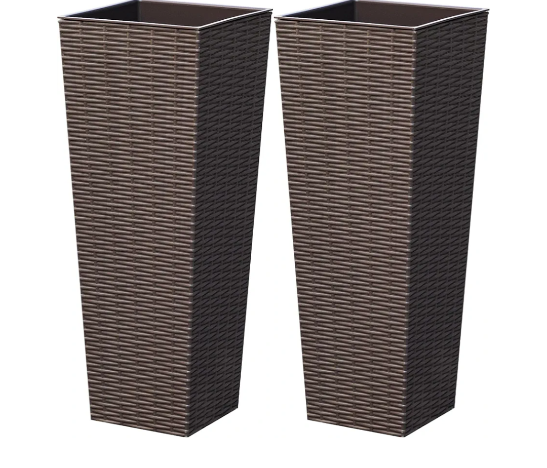Greesum 24 Inch Tall Plastic Planters with Rattan Texture – Set of 2, Detachable Inner Pot & Drainage Holes, Indoor/Outdoor Decorative Flower Pots for Large Plants, Trees, Patio, and Garden, Brown