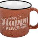 Camco Life is Better at The Campsite Ceramic Coffee Mug - Microwave and Dishwasher Safe - Features Red Background with Retro RV My Happy Place Design - Coffee Cup Holds 14oz. (53472)