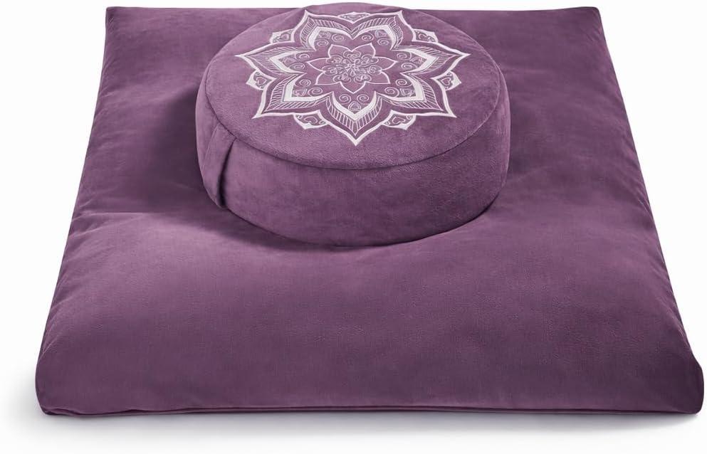 Meditation Cushion Set Zafu & Zabuton Buckwheat Hull & Memory Foam, Adjustable Floor Pillow for Yoga, Meditation & Sitting, Removable Velvet Cover (Purple)