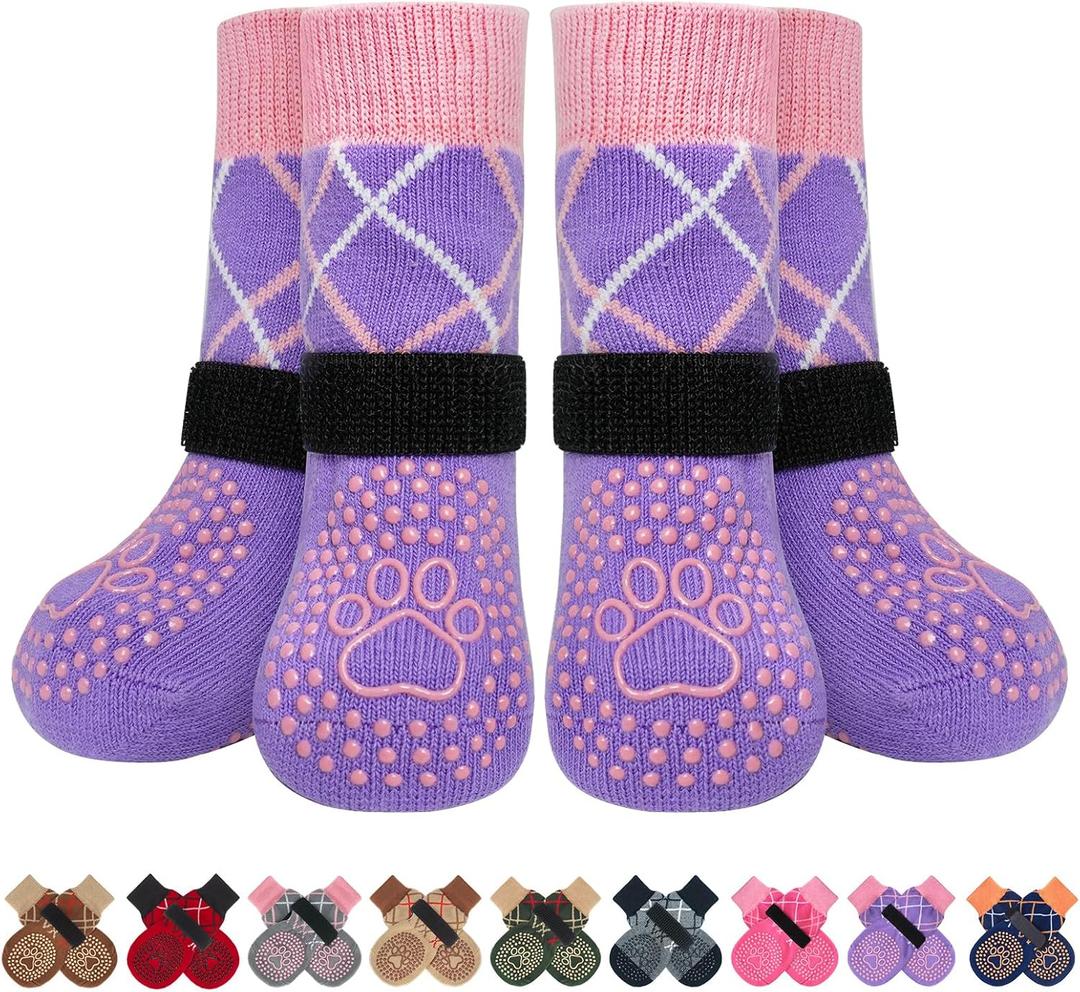 BEAUTYZOO 6PCS Dog Socks to Prevent Licking Paws, Anti Slip Dog Shoes for Hot Pavement Hardwood Floors, Traction Control Toe Grips Boots & Paw Protector for Small Medium Large Senior Dogs, Purple M