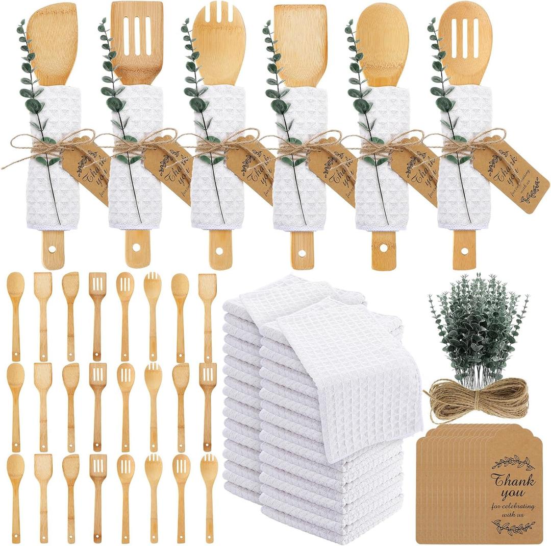 Funnymoom 24 Set Bridal Shower Party Favors Kitchen Utensils Set Bamboo Wooden Spoons for Cooking Artificial Eucalyptus Stems Waffle Towel and Thank You Tags for Guests Prizes Wedding Baby Shower