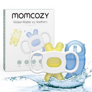 Momcozy Baby Teether Toys, Water Fillable Silicone Cold Teether, Baby Teething Toys Chill Teether, Baby Toys for Teething Relief 0-12 Months, Blue and Yellow 2 Pcs