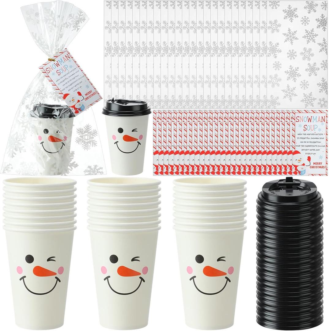 25 Pack Christmas Snowman Disposable Cups with Lids Snowflake Cellophane Bags with Twist Ties Hanging Xmas Soup Tags Snowman Paper Cups for Hot Cocoa Chocolate Winter Holiday Party (12oz)