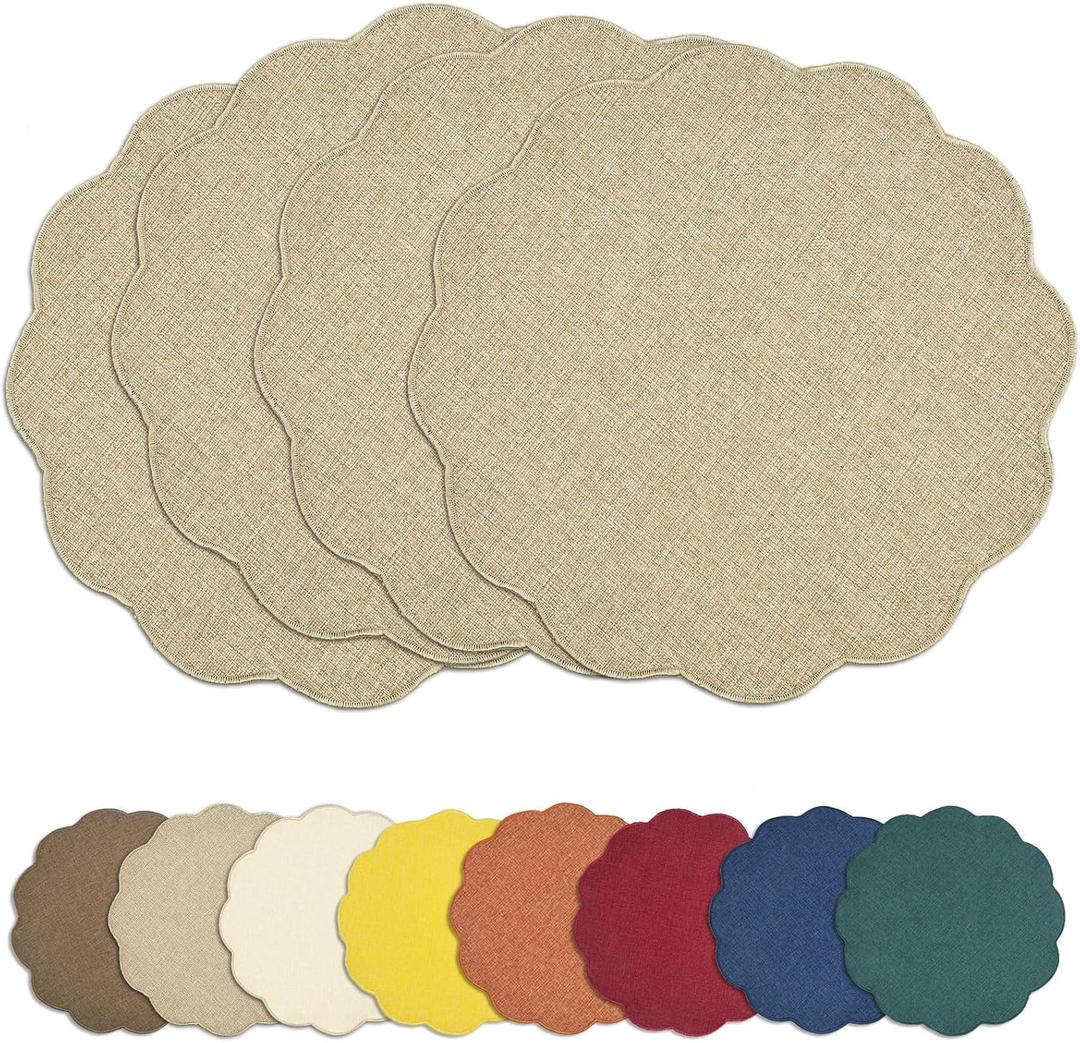 AHHFSMEI Round Faux Linen Placemats Set of 4 Heat Resistant Non-Slip Stain Proof Table Mats for Kitchen Dining Elegant Decor Place Mats (Linen Beige,4), 15 inches