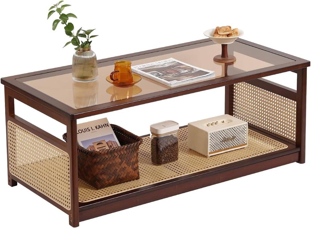 Welnow Rattan Coffee Tables for Living Room, Modern 2-Tier Coffee Table, Mid Century Rectangle Coffee Table with Storage Shelf & Glass Top, Large Boho Center Table for Apartment, Walnut, 42.5" X 20.8" X 16.5"