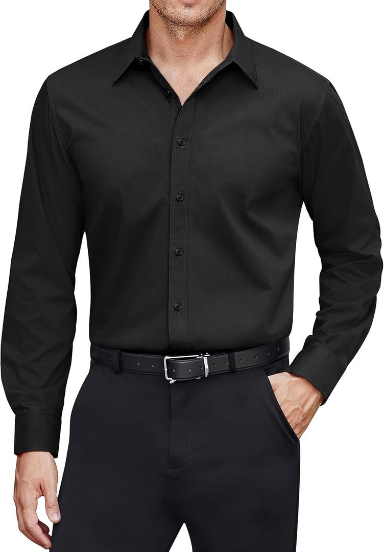 J.VER Men's Dress Shirts Stretch Stain Shield Long Sleeve Solid Formal Shirt Business Casual Button Down Shirts (Large, Black)