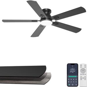 52'' Black Flush Mount Ceiling Fan with Lights for Bedroom