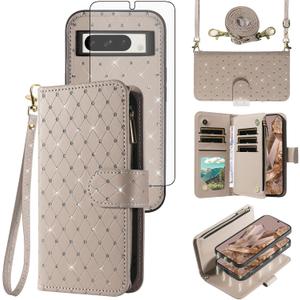 Compatible with Google Pixel 8 Pro 5G Wallet Case Zipper Cell Tempered Glass Screen Protector Crossbody Strap Glitter Flip Card Holder Phone Cover for Pixel8Pro Pixel8 XL Eight 8Pro Women Grey