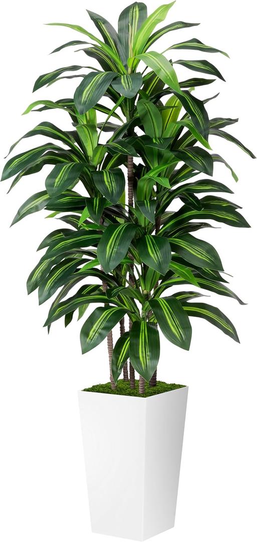 Artificial Dracaena Tree Indoor, 5FT Tall Fake Tree with White Tall Planter, Artificial Tree Fake Yucca Potted Tree for Home Office Living Room Decor, Tall Artificial Plant for Housewarming