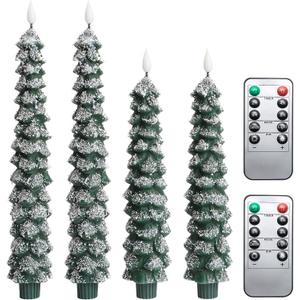 4 Pcs Flameless Taper Candles, Christmas Tree Candles with Remote, Battery Operated Candlesticks, Flickering LED Window Candlelights Real Wax Christmas Candlesticks H9.45,11.4Green
