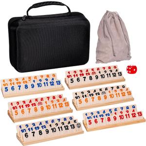 Rummy Cube Game Set 6 Plays with 6 Wooden Holders and 160 Rummy Tiles, Travel and Family Board Game