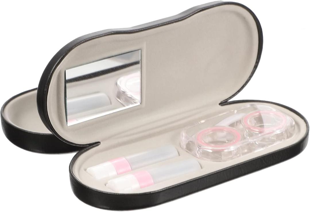 Healifty Contact Lens Case and Glasses Case, 2 in 1 Double Eyeglass Case, with Mirror Tweezers Remover, Contact Lens Storage Box for Travel (New Black & Pink)
