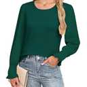 Kopinma Blouses for Women Casual Puff Long Sleeve Shirts Crew Neck Blouses Knite Textured Smocked Cuffs Tunic Top Green XL