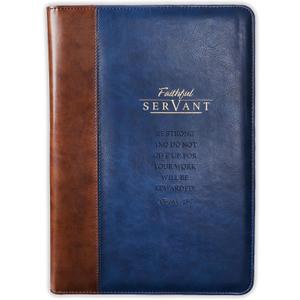 Christian Art Gifts Faithful Servant 2 Chronicles 15:7 Zippered Brown Faux Leather Padfolio/Portfolio Folder Notepad with Single Pen with Highlighter Tip for Notes