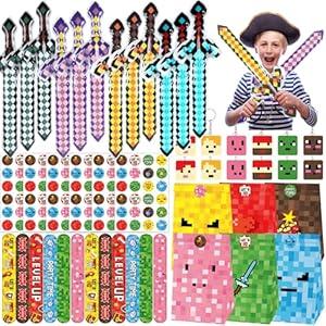 60pcs Pixel Party Favor Inflatable Sword Colorful Video Game Paper Gift Bags Slap Bracelets Key Chains Stickers Mining Birthday Party Supplies for Activities Party Kit