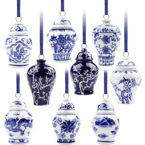 YIYA 8 Pack Porcelain Christmas Tree Ornaments 3.5 in Blue and White Ornaments Christmas Chinoiserie Hanging Ornaments Mini Ginger Jar for Xmas Tree Decoration