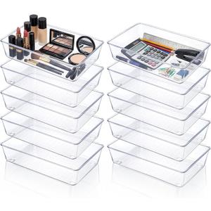10 Pack Clear Plastic Drawer Organizer, 6" X 9" Acrylic Storage Bins with Non-Slip Pads, Acrylic Drawer Organizer Tray, Clear Desk Storage Tray for Makeup, Kitchen Utensils, Jewelry, Office, Bathroom