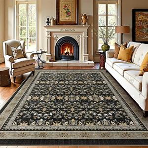 WITSHOCK Black Farmhouse Living Room Rug: Washable 8x10 Area Rug, Boho Vintage Moody Retro Oriental Neutral Aethestic Rug for Bedroom, Soft Faux Wool Low Pile Non Slip Stain Resistance Carpet