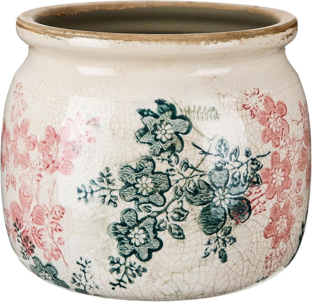 Vintage Planter Large Ceramic Plants Pot Green Pink Rose Ice Cottage Scroll Vase Flower Vase Pot Indoor Plants Home Decor Farmhouse Antique Decorative Gifts, 5.9 x 5.1 in