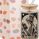 Skeleton Reader Halloween Glass Cup, Cute Halloween Spooky Gifts for Book Lovers, 16 oz Iced Coffee Tumbler Cup with Lid Straw, Book Themed Bookish Reading Gifts for Women Librarian Reader