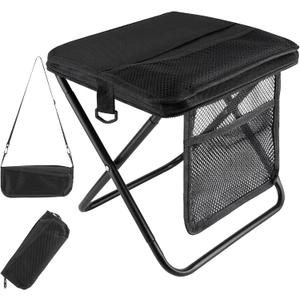 Portable folding stool with dual storage pockets and side pockets Compact adult-sized portable stool, ideal for camping, hiking, outdoor activities and events Maximum weight capacity 400 lbs (Black)