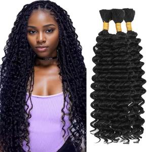 #1B Black Hair Braiding Natural Black Deep Wave Boho Hair for Braiding 16 16 16 inch 150g No Weft #1B Deep Culy Human Braiding Hair 3 Bundles for Knotless Braids