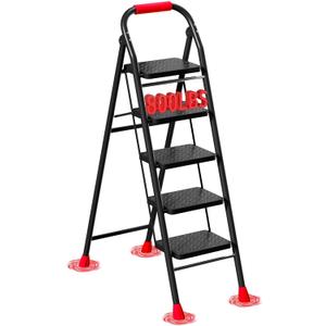 5 Step Ladder, Foldable Step Stool with Wide Anti-Slip Pedal & Thick Rubber Feet, Cushioned Handle, Safe-Lock Design, Folding Portable Ladder for Multi-Purpose, 800lb, Black Red