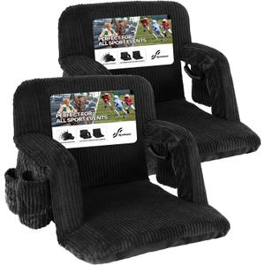 Sportneer Bleacher Chairs with Back and Cushion: 2.8" Thick Comfy Corduroy 6-Position Reclining Stadium Seats with 2 Large Pockets & 2 Cup Holders, Bleacher Seats for Outdoor Events - 2 Packs, 20.5"