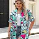 Plus Size 80s 90s Outfits for Women 90s Theme Party Disco Shirt 80s Hawaiian T-Shirt Retro Neon Button Down Blouse Tops (XXL)