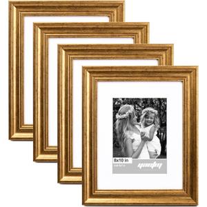 Yaetm 8x10 Picture Frame Matted to 5x7 Set of 4, 1.4 Wide Molding & Rustic Gold Photo Frames 8 x 10 with Tempered Glass, Display on Tabletop & Wall Mounting (4 pack, Gold)