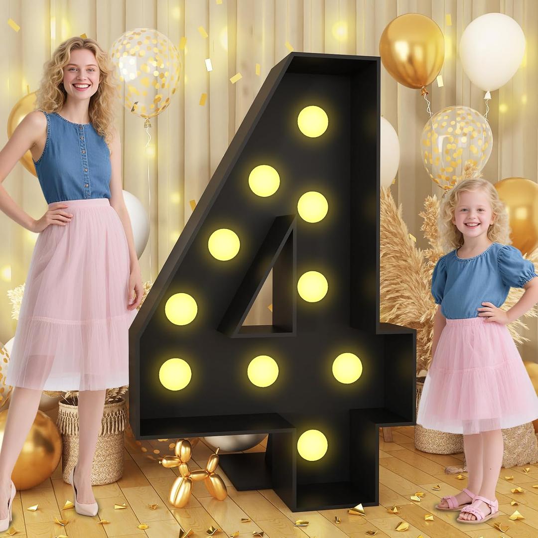 Froova 4FT Light Up Numbers Marquee for 4th Birthday Decoration, Big Mosaic Number 4, Black Large Numbers with Lights Cardboard Pre-Cut Frame Giant Cut-Out Thick Foam Board Sign Prom Party Anniversary