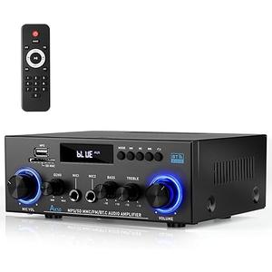 Stereo Audio Amplifier, 2 Channel 400W Bluetooth 5.0 Home Theater Power Amplifier with FM, Echo, AUX, USB, SD, MIC Inputs, HiFi Amplifier for Passive Speakers and Active subwoofer