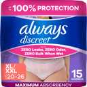 Always Discreet Adult Diapers for Women, Incontinence Underwear, Postpartum Essentials, Disposable Briefs, Max Absorbency, Bladder Leak Protection, Extra Large/XL, 15ct
