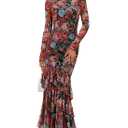 ZESICA Women's Spring Floral Wedding Guest Bodycon Dresses 2026 Long Sleeve Crewneck Mesh Ruffle Mermaid Party Maxi Dress Floral Black, Medium
