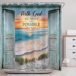 Riyidecor Barn Door Bible Verse Shower Curtain for Bathroom Decor 72Wx72H Christian Scripture Teal Beach Ocean Sea Coastal Nautical Sunset Art Printed Fabric Polyester Waterproof 12 Pack Plastic Hook