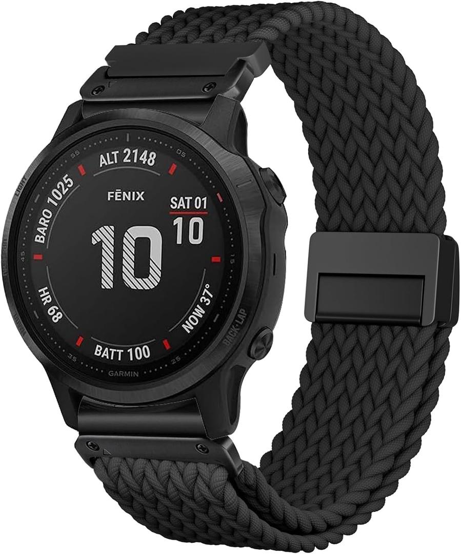 Quick Fit Braided Watch Bands Compatible with 20mm Garmin Fenix 8 43mm/ Fenix 7S/ Fenix 6S/ Fenix 5S /epix Pro 42mm, Magnetic Stretchy Nylon Elastic Fabric Strap for Garmin Approach S70 42mm