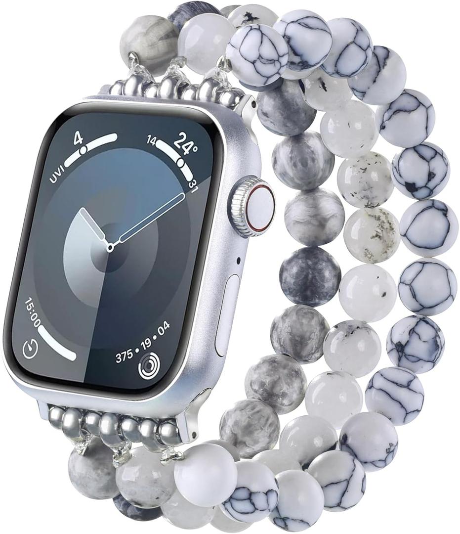 MOFREE Beaded Bracelet Compatible with Apple Watch Band 38mm 40mm 41mm Women, Fashion Handmade Crystal Stone Beads Elastic Stretchy Strap for iWatch Band Series SE 9 8 7 6 5 4 3 2 1