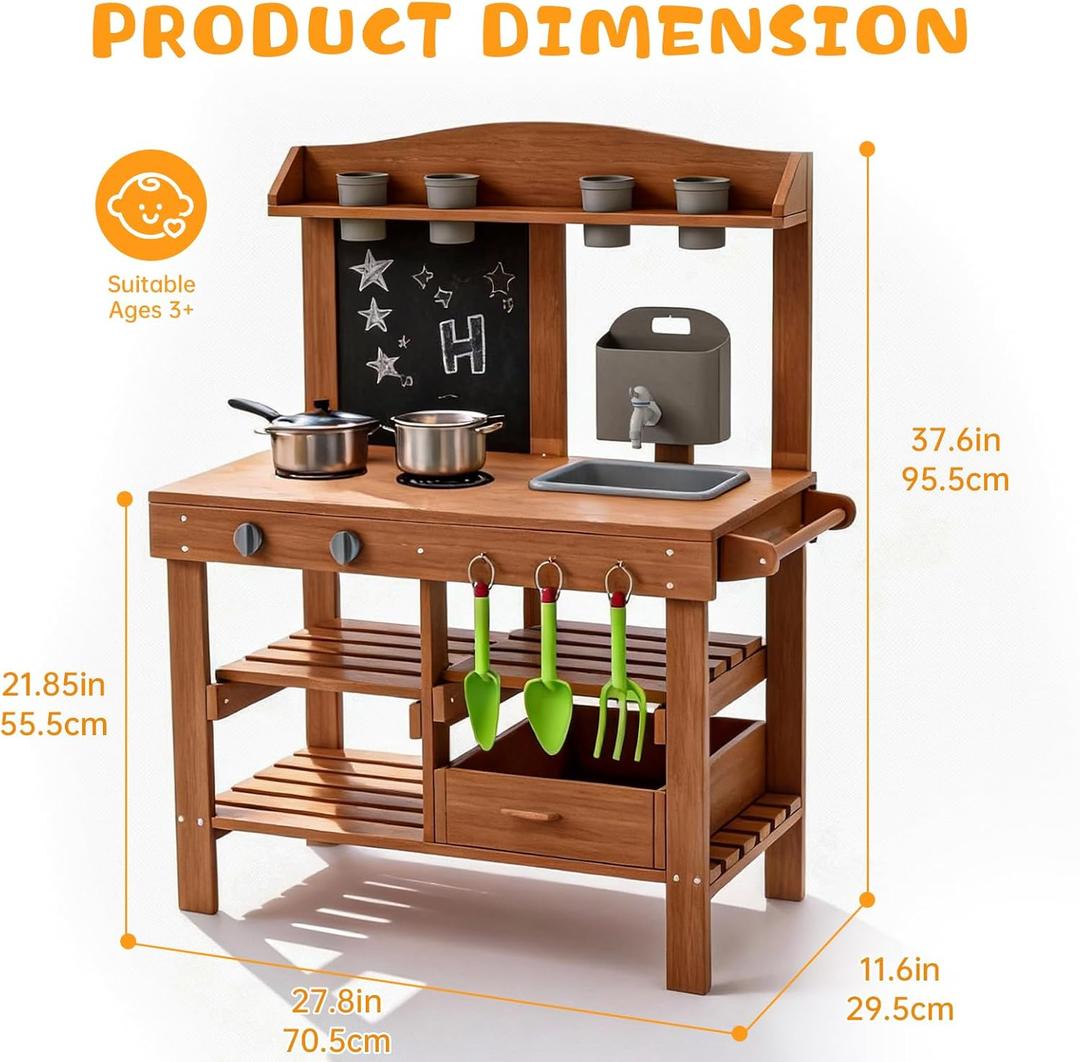 Mud Kitchen for Outdoor, Wooden Outdoor Pretend Kitchen with Sink, Water Slide, Faucet, Stove, Chalkboard and Storage Shelves M3